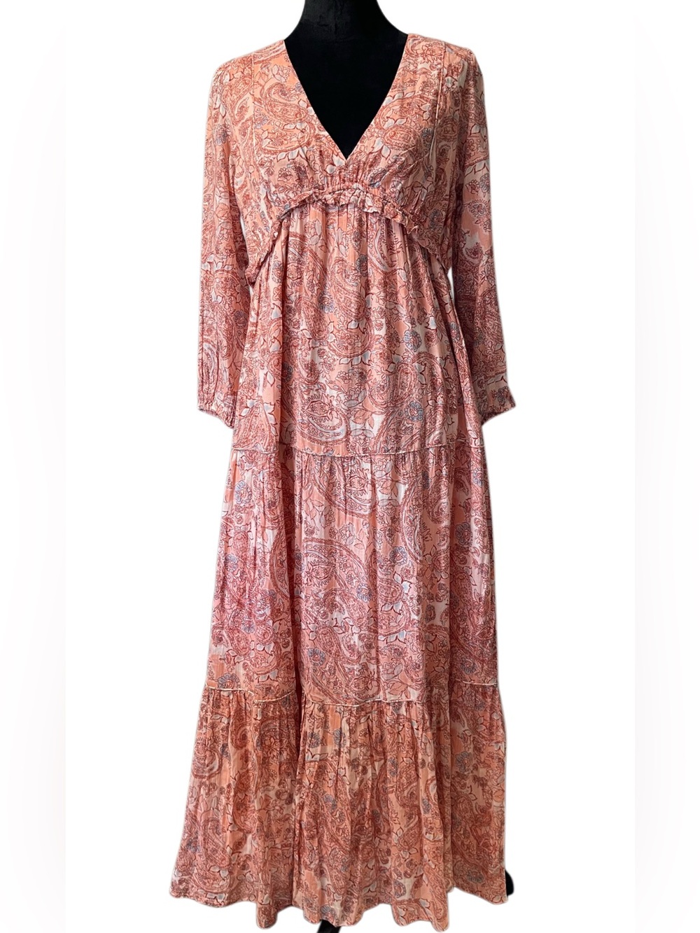 Rachel Zoe Coral Pink Paisley Long Sleeve Maxi Dress